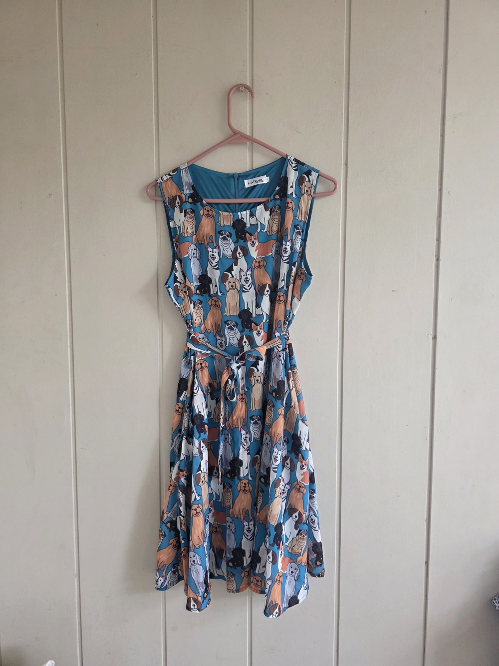 L.A. Soul Dog Print Fit N Flare Dress Sleeveless Large Belted Art to Wear